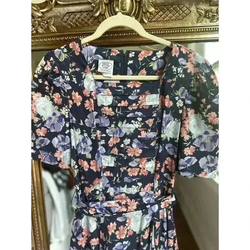 VINTAGE 80s Laura Ashley Navy Floral Cotton Cottage Core Maxi Dress